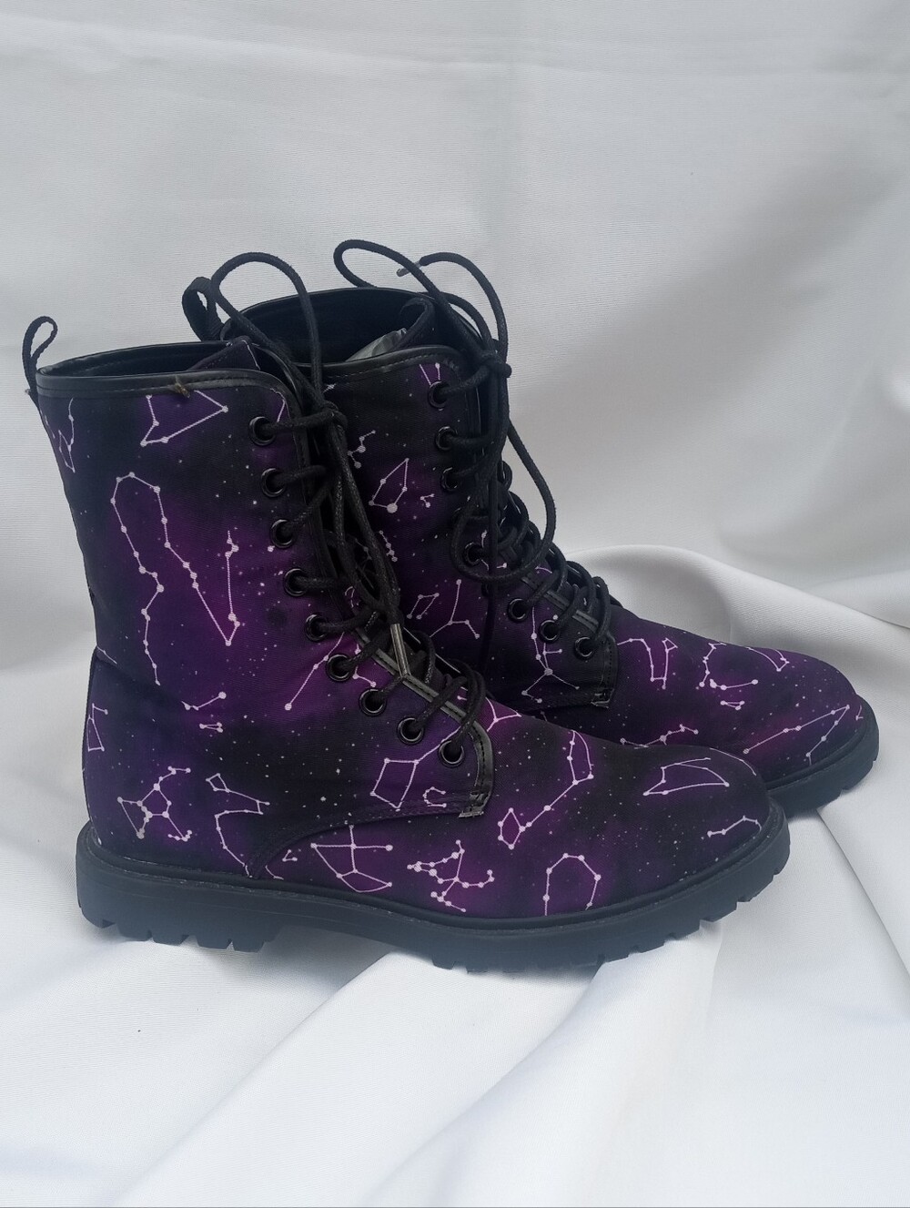 Purple Galaxy Star Constellation Lace Up High Top Canvas Dr. Marten Combat Boots - Picture 10 of 10